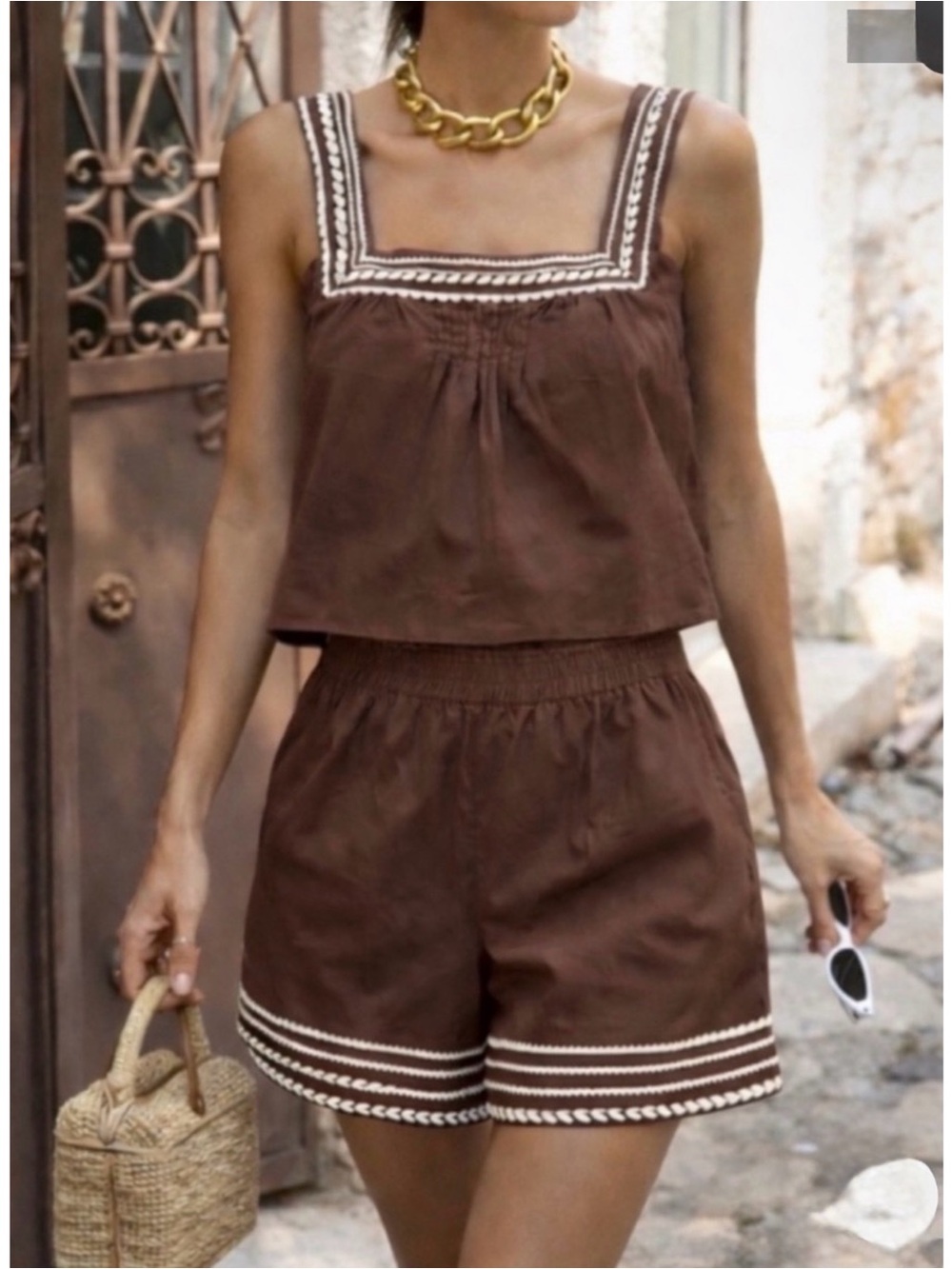 Caroline Constas Embroidered Sleeveless Top And Shorts Set Size S Brown Cream